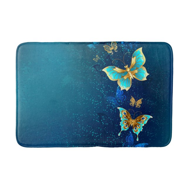Golden Butterflies on a Blue Background Bath Mat (Front)