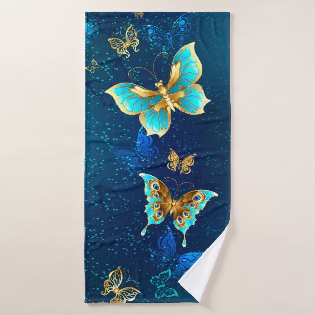 Golden Butterflies on a Blue Background Bath Towel (Bath Towel)