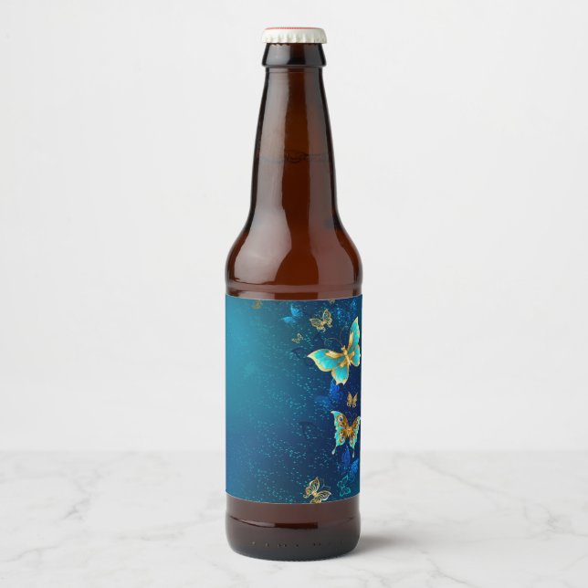Golden Butterflies on a Blue Background Beer Bottle Label (Front)