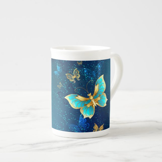 Golden Butterflies on a Blue Background Bone China Mug (Front Right)
