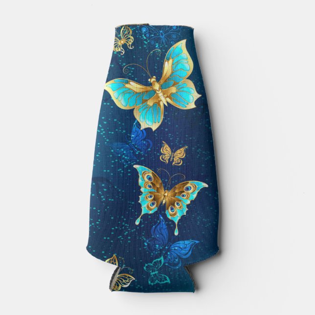 Golden Butterflies on a Blue Background Bottle Cooler (Front)