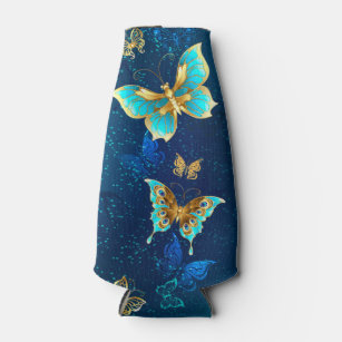 Golden Butterflies on a Blue Background Bottle Cooler