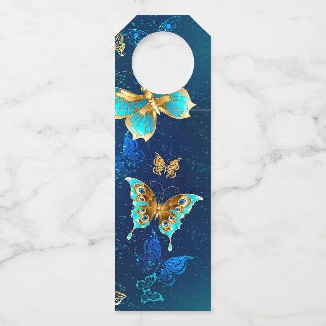 Golden Butterflies on a Blue Background Bottle Tag (Front)