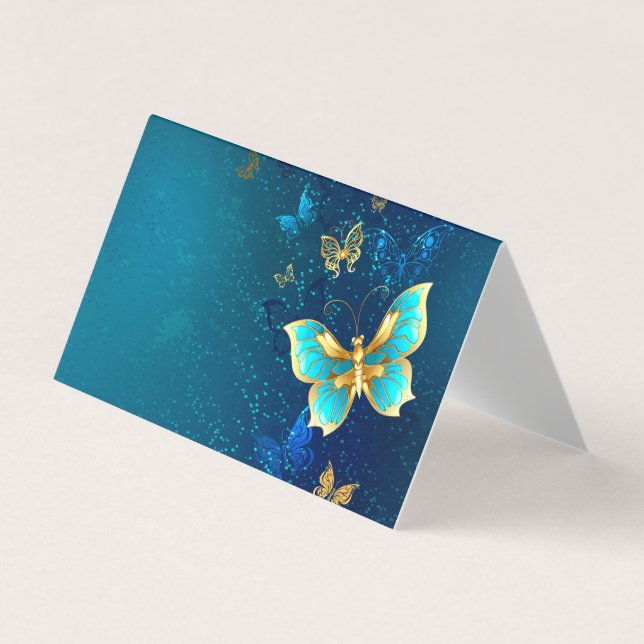 Golden Butterflies on a Blue Background Business Card (Front)