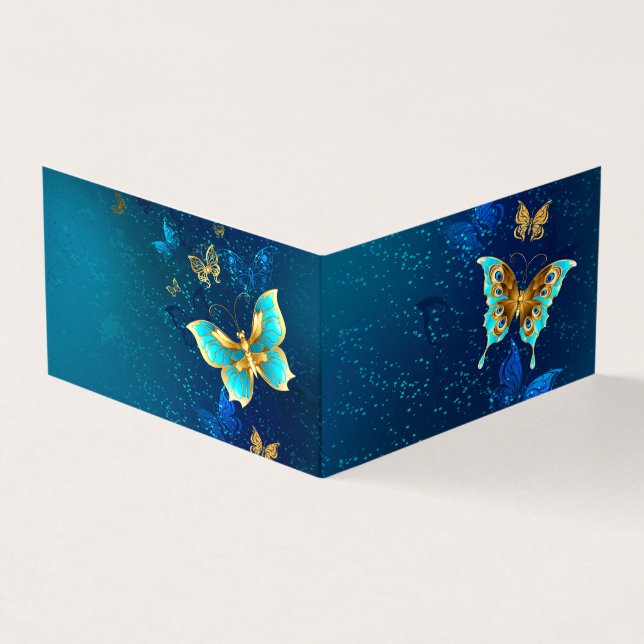 Golden Butterflies on a Blue Background Business Card (Outside)