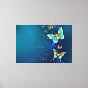 Golden Butterflies on a Blue Background Canvas Print