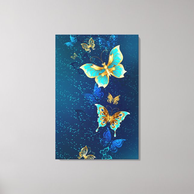 Golden Butterflies on a Blue Background Canvas Print (Front)