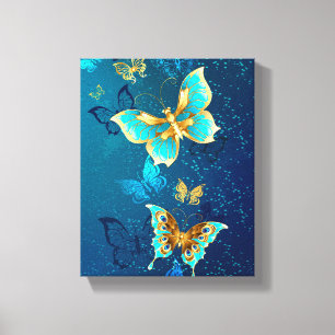 Golden Butterflies on a Blue Background Canvas Print