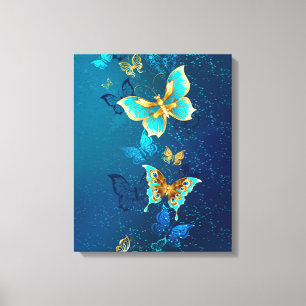 Golden Butterflies on a Blue Background Canvas Print