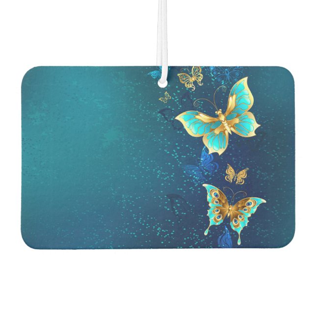 Golden Butterflies on a Blue Background Car Air Freshener (Front)