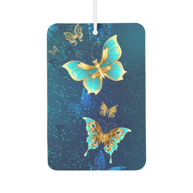 Golden Butterflies on a Blue Background Car Air Freshener (Front)