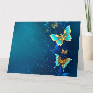 Golden Butterflies on a Blue Background Card