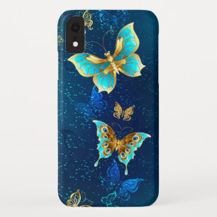 Golden Butterflies on a Blue Background iPhone XR Case