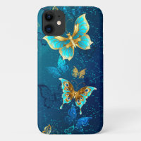 Golden Butterflies on a Blue Background