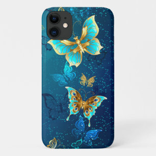 Golden Butterflies on a Blue Background iPhone 11 Case