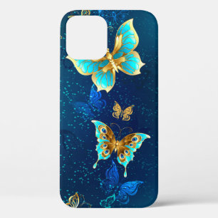 Golden Butterflies on a Blue Background iPhone 12 Pro Case