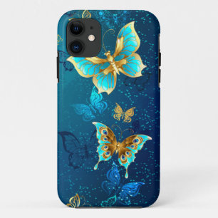 Golden Butterflies on a Blue Background iPhone 11 Case