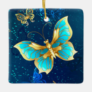Golden Butterflies on a Blue Background Ceramic Ornament