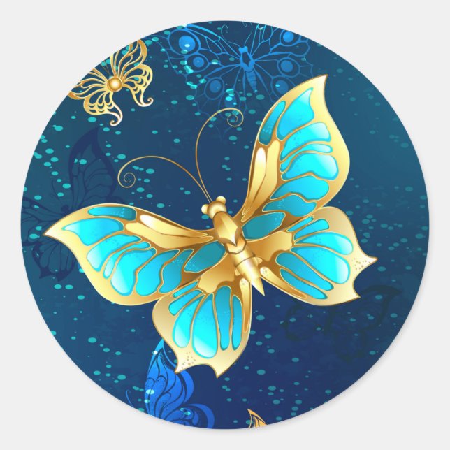 Golden Butterflies on a Blue Background Classic Round Sticker (Front)