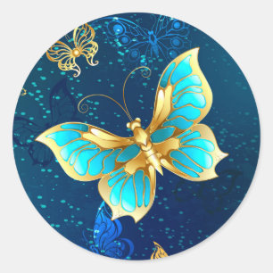Golden Butterflies on a Blue Background Classic Round Sticker