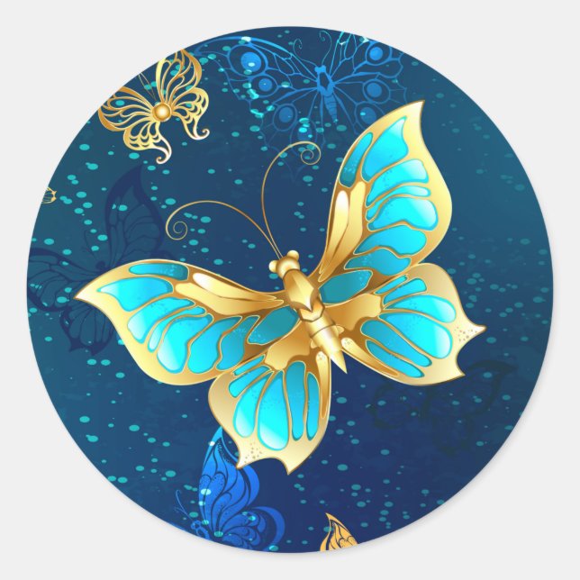 Golden Butterflies on a Blue Background Classic Round Sticker (Front)