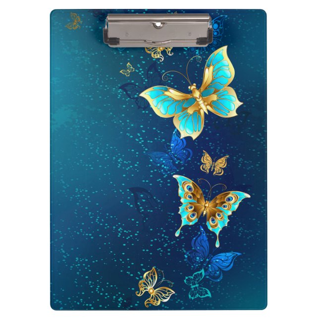 Golden Butterflies on a Blue Background Clipboard (Front)