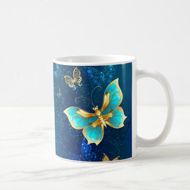 Golden Butterflies on a Blue Background Coffee Mug (Right)