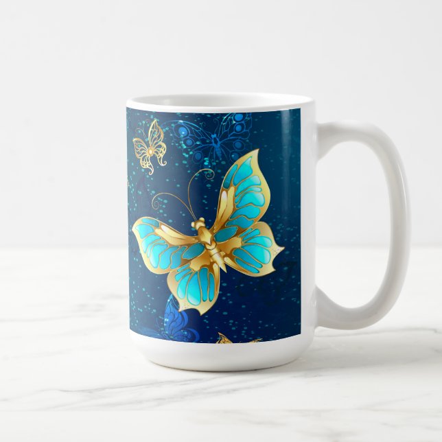 Golden Butterflies on a Blue Background Coffee Mug (Right)