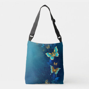 Golden Butterflies on a Blue Background Crossbody Bag