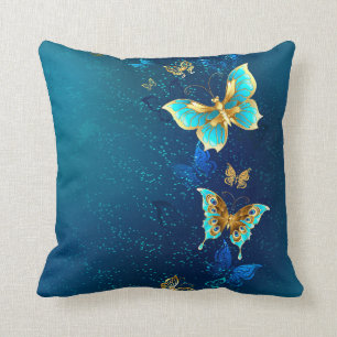 Golden Butterflies on a Blue Background Cushion