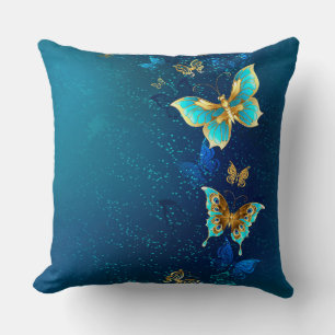 Golden Butterflies on a Blue Background Cushion
