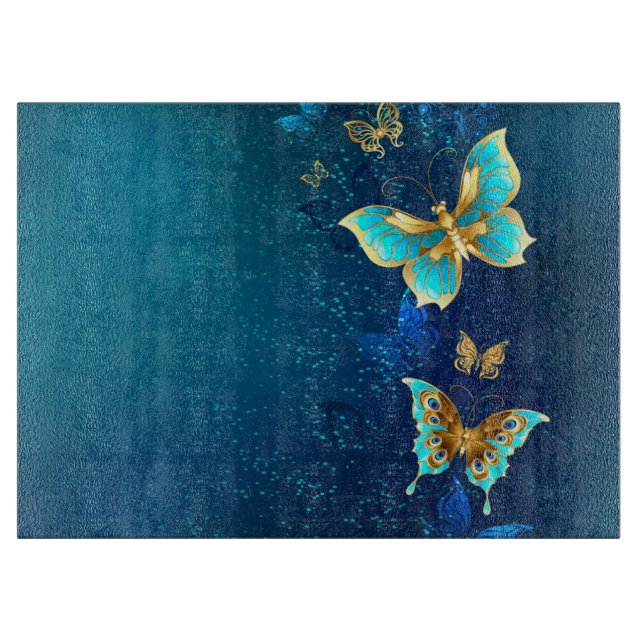 Golden Butterflies on a Blue Background Cutting Board (Front)
