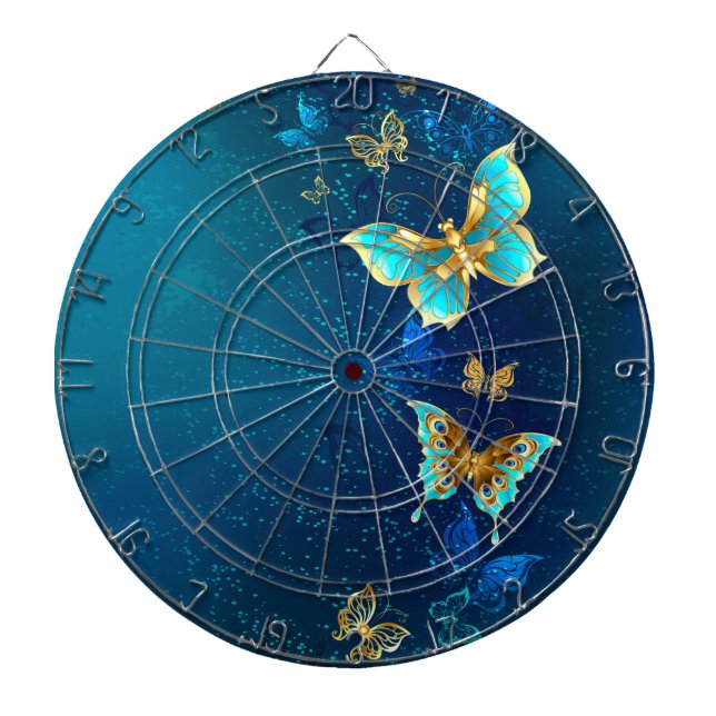 Golden Butterflies on a Blue Background Dartboard (Front)