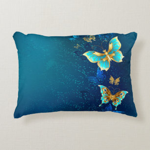 Golden Butterflies on a Blue Background Decorative Cushion