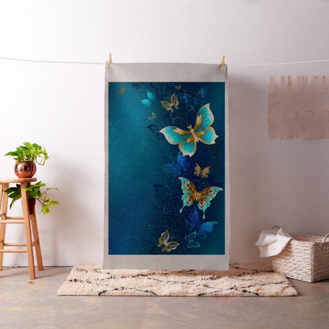 Golden Butterflies on a Blue Background Fabric (In Situ)