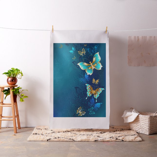 Golden Butterflies on a Blue Background Fabric (In Situ)