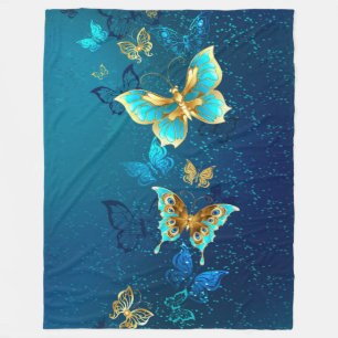 Golden Butterflies on a Blue Background Fleece Blanket