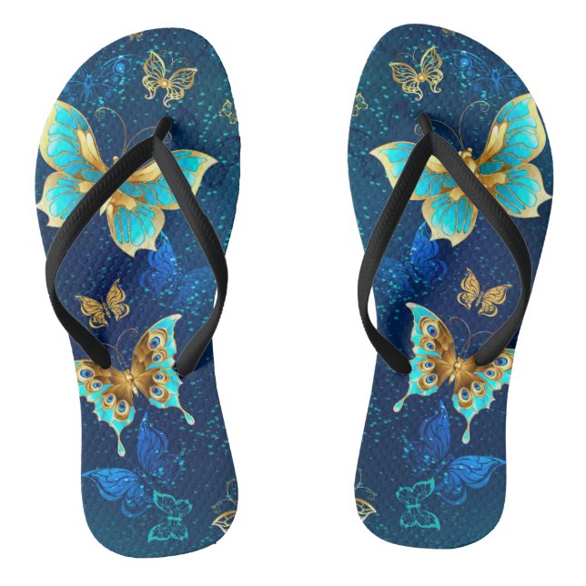 Golden Butterflies on a Blue Background Flip Flops (Footbed)