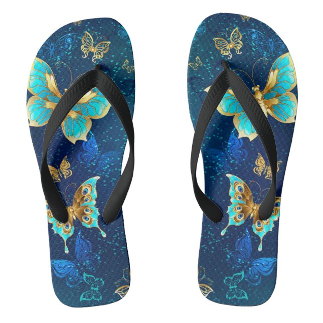 Golden Butterflies on a Blue Background Flip Flops (Footbed)