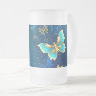 Golden Butterflies on a Blue Background Frosted Glass Beer Mug