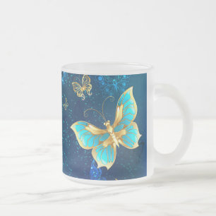 Golden Butterflies on a Blue Background Frosted Glass Coffee Mug