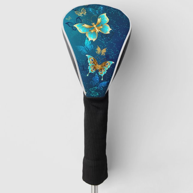 Golden Butterflies on a Blue Background Golf Head Cover (Front)