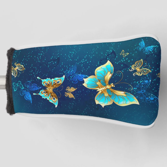 Golden Butterflies on a Blue Background Golf Head Cover (Front)