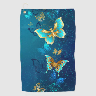 Golden Butterflies on a Blue Background Golf Towel