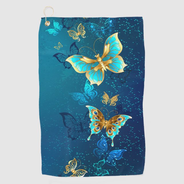 Golden Butterflies on a Blue Background Golf Towel (Front)