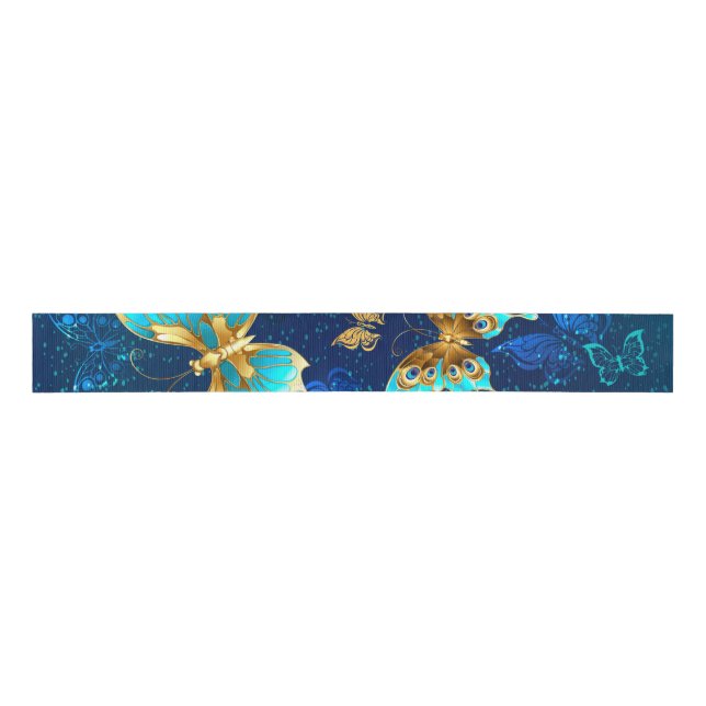Golden Butterflies on a Blue Background Grosgrain Ribbon (Front)
