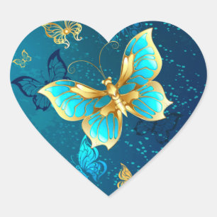 Golden Butterflies on a Blue Background Heart Sticker