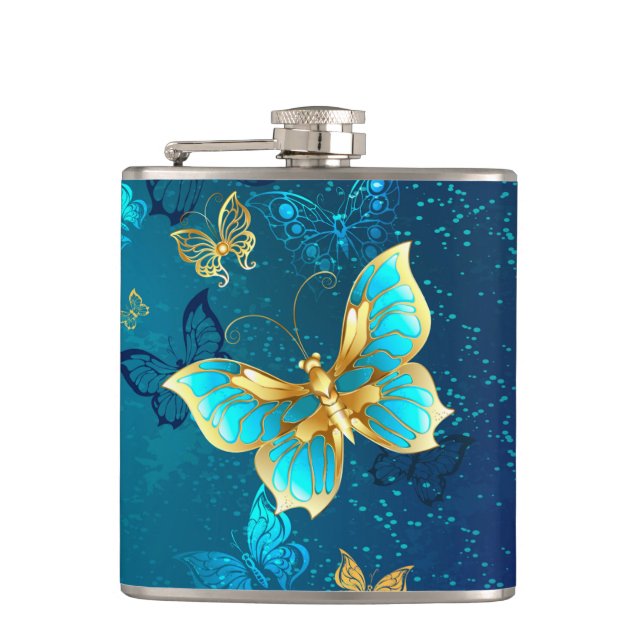 Golden Butterflies on a Blue Background Hip Flask (Front)