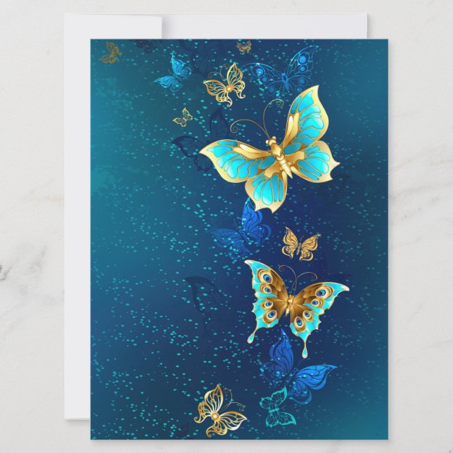 Golden Butterflies on a Blue Background Holiday Card (Front)