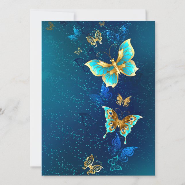 Golden Butterflies on a Blue Background Holiday Card (Front)